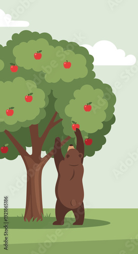 Frugal Bear Reaches High For Ripe Apples On A Sunny Day