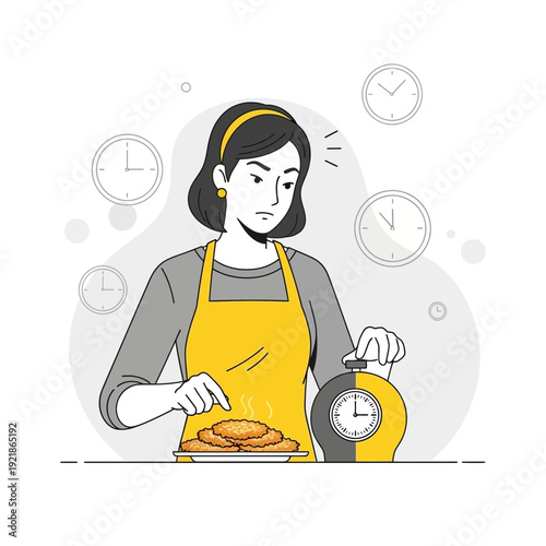 Frustrated Woman Cooking Meal As Clock Ticks Down Time Pressure Concept