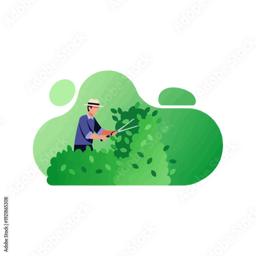 Gardener Meticulously Trimming Hedges Using Shears in a Serene Garden Setting
