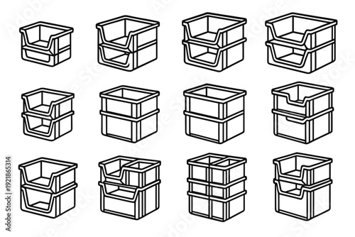 Interchangeable silhouette stackable vector interface storage organization structural reinforced basket modern icons
