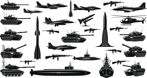 Military equipment silhouettes collection, tanks fighter jets submarines missiles rifles warship helicopter, army weapons, defense technology, combat vehicles, vector set