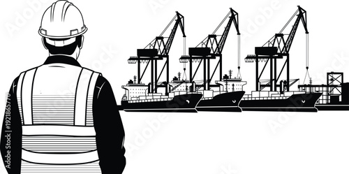 Port logistics illustration, cargo ships and container cranes with engineer worker, shipping industry, maritime transport, harbor operations, industrial export import, vector design