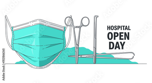 Hospital Open Day Announcement with Surgical Tools and Protective Mask Illustration