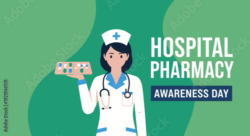Hospital Pharmacy Awareness Day Illustration Showcasing Nurse and Medication Display