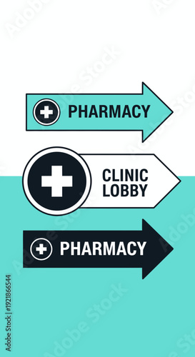 Hospital Signage: Navigation Arrows Indicating Pharmacy and Clinic Lobby Directional Guides