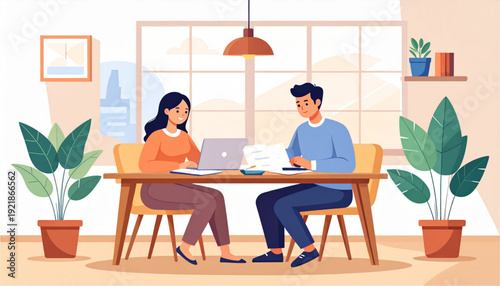 Two professionals collaborating over a laptop in a cozy café setting isolated on transparent background