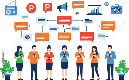 Social Media Communication Network Illustration, People Using Smartphones, Digital Marketing Strategy, Online Chat Messages, Mobile Technology Business Concept Vector