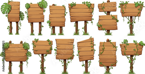 Wooden signboard collection with vines and leaves, rustic blank wooden boards, forest direction signs, cartoon style, nature theme, isolated set