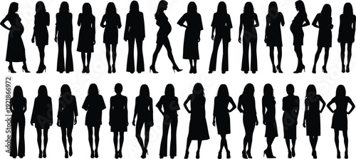 Women Silhouettes Collection, Fashion Female Body Shapes, Standing Poses Set, Stylish Ladies Outline Vector Illustration Isolated on White