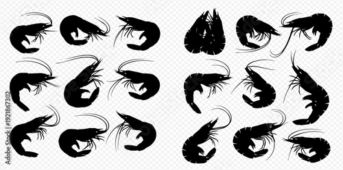 A comprehensive set of black shrimp and prawn silhouettes in various poses, isolated for design elements.