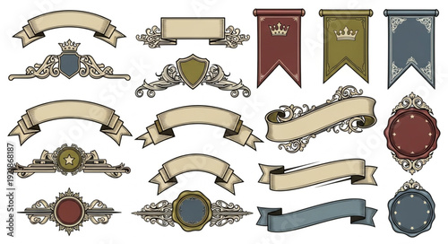 Collection of ornate vintage banners and crests for design.