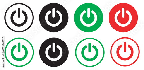Collection of Power Button Icons set, Black Outline, Solid Black, Green, Red Circle Styles, UI and Tech Interface Design, Vector Illustration