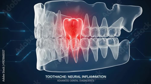 A glowing red toothache highlights neural inflammation within a transparent jawbone Digital circuits suggest a scientific or medical context Pain concept focused