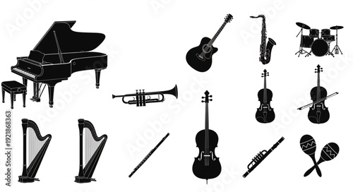 Collection of Musical Instruments Silhouettes on White Background.