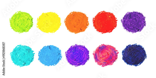 Collection of ten vibrant, textured crayon-like dots in a rainbow of colors arranged in two rows on a white background, graphic design elements