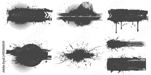 Set of grunge distressed banners and splatters with halftone texture for abstract design elements and overlays