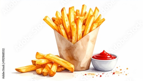 Crispy Golden French Fries with Ketchup - A Delicious Watercolor Illustration.