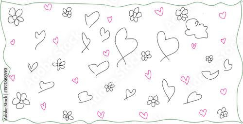 A white scarf with a pattern of black and pink hearts and flowers