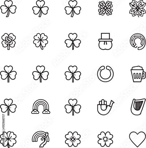 St. Patrick's Day vector icon set. Outline symbols. Lucky shamrock clover, pot of gold, leprechaun hat, rainbow, beer, harp. Irish holiday festival celebration linear art pack.