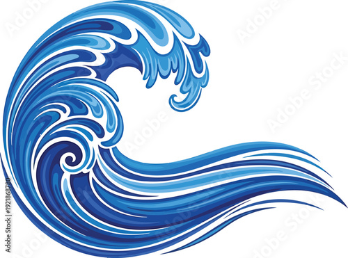 Blue Ocean Wave Crashing Isolated on White Background