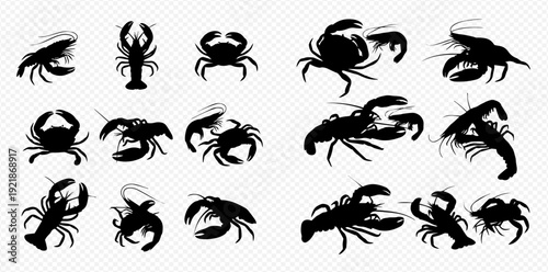 A collection of black silhouettes of various crabs and lobsters on a transparent background.