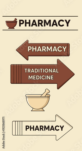 Illustrated Pharmacy Signs Indicating Services and Directional Guidance for Wellness and Health