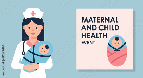 Illustrated Representation Of Maternal And Child Health Event With Nurse And Infant