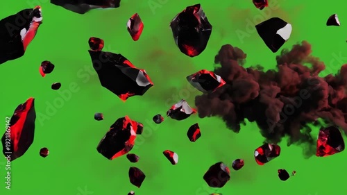 Exploding Rocks and Debris on Green Background