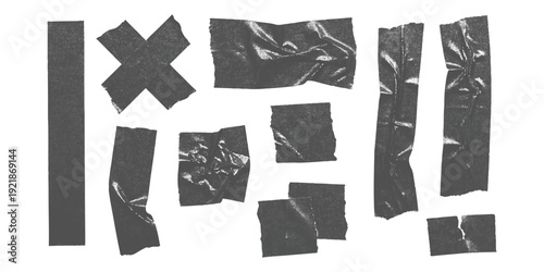 Collection of realistic grey duct tape pieces and strips with torn edges and textured surfaces for creative design elements