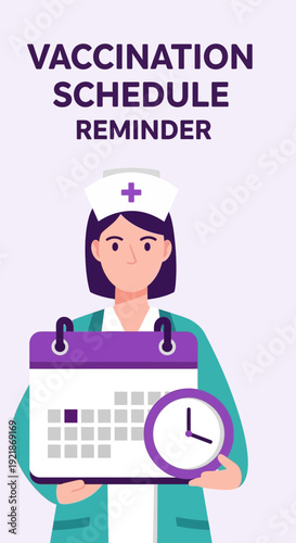 Illustration Depicting Nurse Holding Calendar and Clock for Vaccination Schedule Reminder
