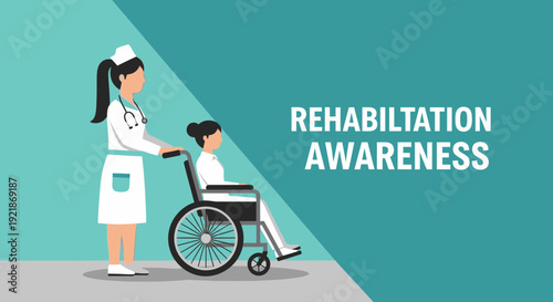Illustration Of Nurse Assisting Patient In Wheelchair For Rehabilitation Awareness