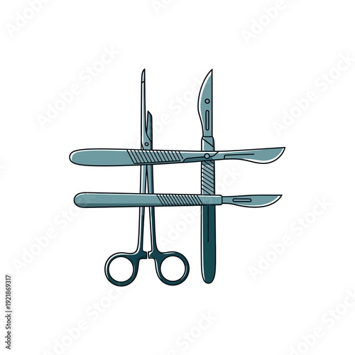 Illustration Of Surgical Tools: Scalpels And Scissors For Medical Procedures And Operations