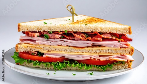 Delicious Club Sandwich with Multiple Layers on a White Plate.