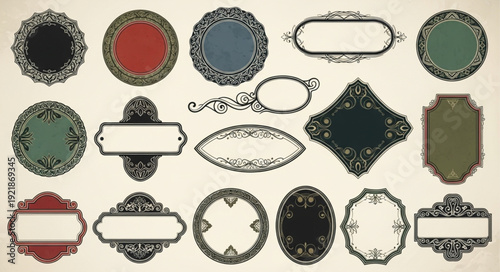 Collection of ornate decorative frames and labels in various shapes.