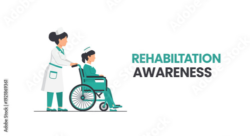 Illustration Of A Nurse Assisting A Patient In A Wheelchair For Rehabilitation Awareness