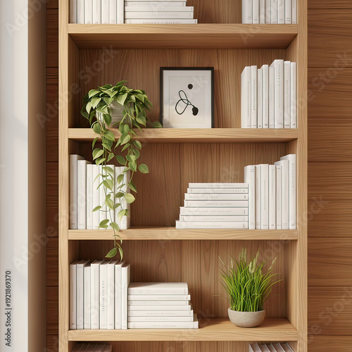 Wooden Bookshelf with Decorative Plants and Books