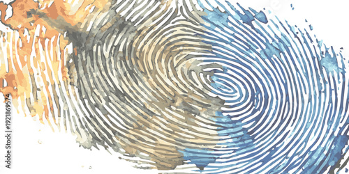 Abstract fingerprint with watercolor splashes and grunge texture, symbolizing identity and individuality, digital art
