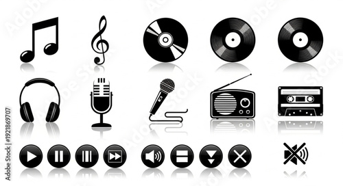 Collection of Music Icons and Symbols on White Background.