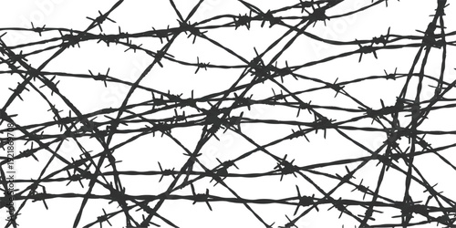 Chaotic tangle of barbed wire with sharp spikes creating a dense, dark, and menacing abstract pattern on a white background