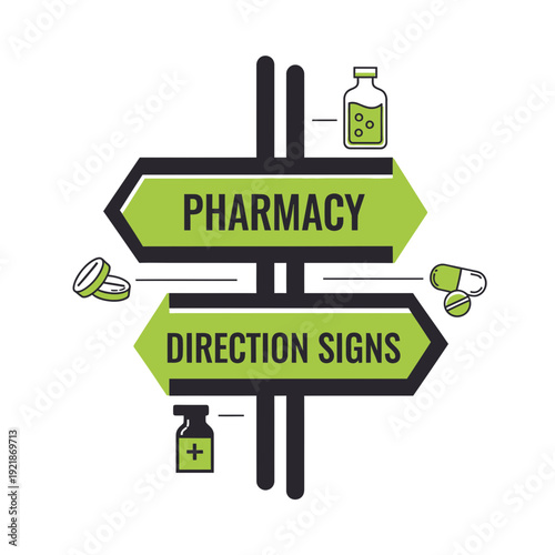 Innovative Pharmacy Directional Sign Illustrative Design for Health and Healthcare Guidance
