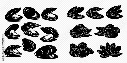 Set of black silhouette vector icons of fresh seafood mussels for restaurant menus.
