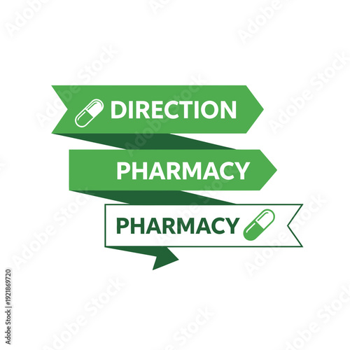 Innovative Pharmacy Directional Signage Design Featuring Pill Icon and Green Arrows for Guidance