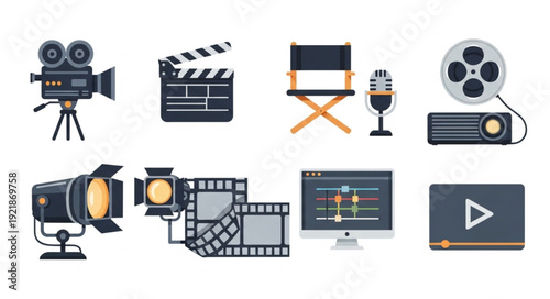 Collection of movie production and film making equipment icons.
