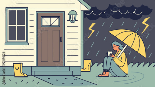 Woman Hiding Under Yellow Umbrella During Heavy Rainstorm Outside Home Porch Feeling Solitude and Comfort