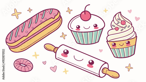 Kawaii Bakery Icons Cute Cartoon Pastry Eclair Cupcake Rolling Pin for Sweet Food Blog Web Design Menu Promotion