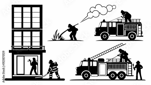 Firefighters Battling Blaze with Hoses and Ladder Truck Responding to Building Emergency Rescue Operations