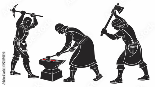 Silhouetted Blacksmith Workers Forging Metal with Hammer and Pickaxe for Industrial Craftsmanship and Heritage Design Projects
