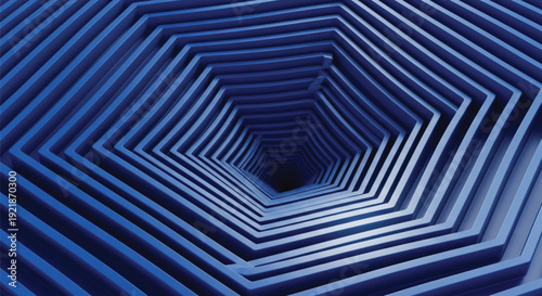 Abstract of concentric blue hexagons forming a spiraling tunnel effect, creating a sense of depth and infinity. The mood is modern and dynamic.