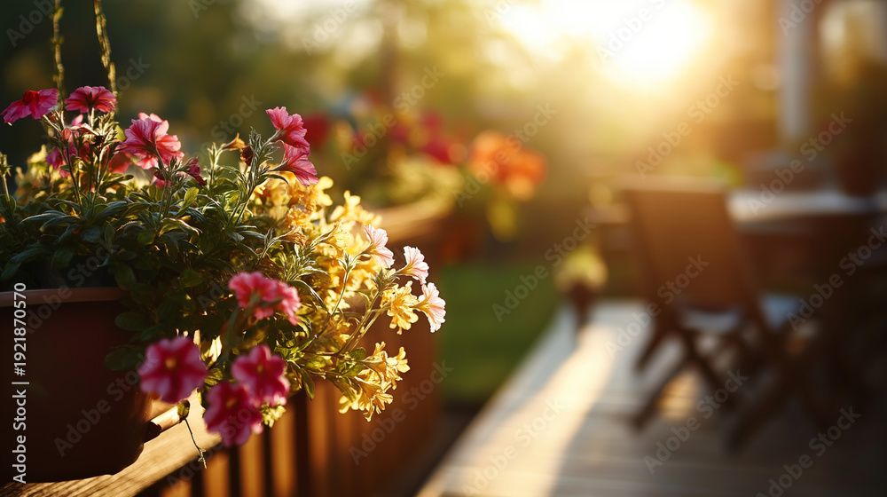 Fototapeta premium Low spring sun illuminating container flowers overlooking backyard patio golden hour lighting blooming plants seasonal garden wooden deck outdoor living space warm natural