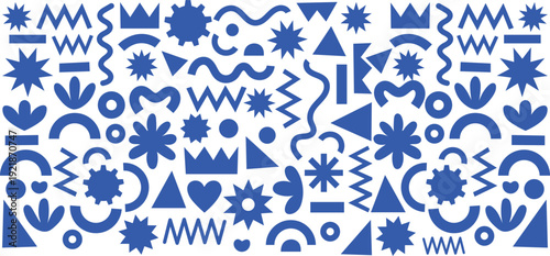A vibrant collection of blue memphis style shapes and patterns on a white background